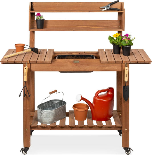 Best Choice Products Mobile Garden Potting Bench, Outdoor Wood Workstation Table w/Sliding Tabletop, 4 Locking Wheels, Food Grade Dry Sink, Storage Shelves - Sage Green