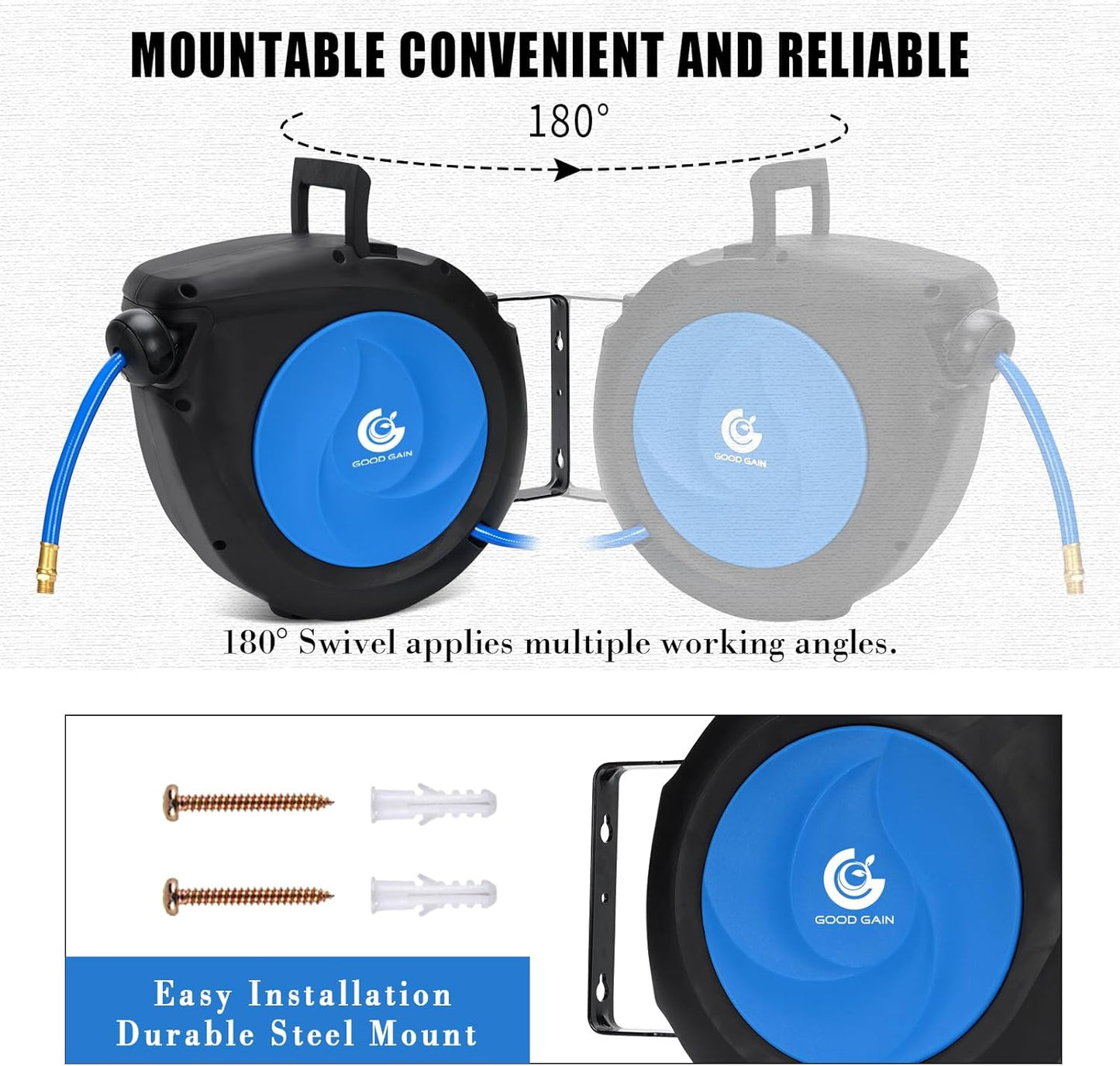 Air Hose Reel Retractable 3/8 in. x 50 ft Hybrid Polymer Hose, Retractable Auto-Rewind Enclosed Heavy Duty 180° Swivel Mount, Max 300PSI Commerical Polypropylene Grey