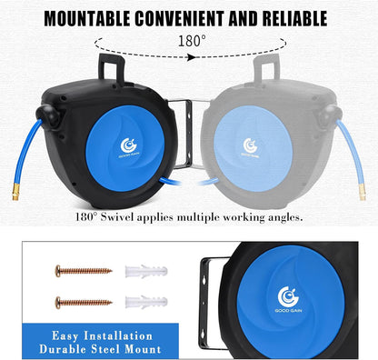 Air Hose Reel Retractable 3/8 in. x 50 ft Hybrid Polymer Hose, Retractable Auto-Rewind Enclosed Heavy Duty 180° Swivel Mount, Max 300PSI Commerical Polypropylene Grey