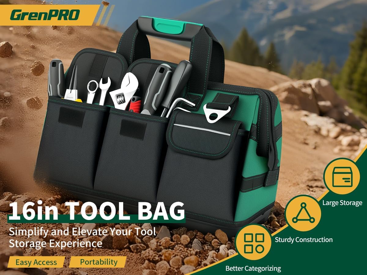 GrenPRO Garden Tool Bag Molded Bottom, Heavy Duty Tool Tote Toolbox with 10 Pockets, Reinforced & Top Snap Closure for Gardening Tools Storage, Dark Green(Tools Not Included)