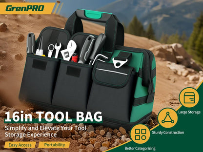 GrenPRO Garden Tool Bag Molded Bottom, Heavy Duty Tool Tote Toolbox with 10 Pockets, Reinforced & Top Snap Closure for Gardening Tools Storage, Dark Green(Tools Not Included)