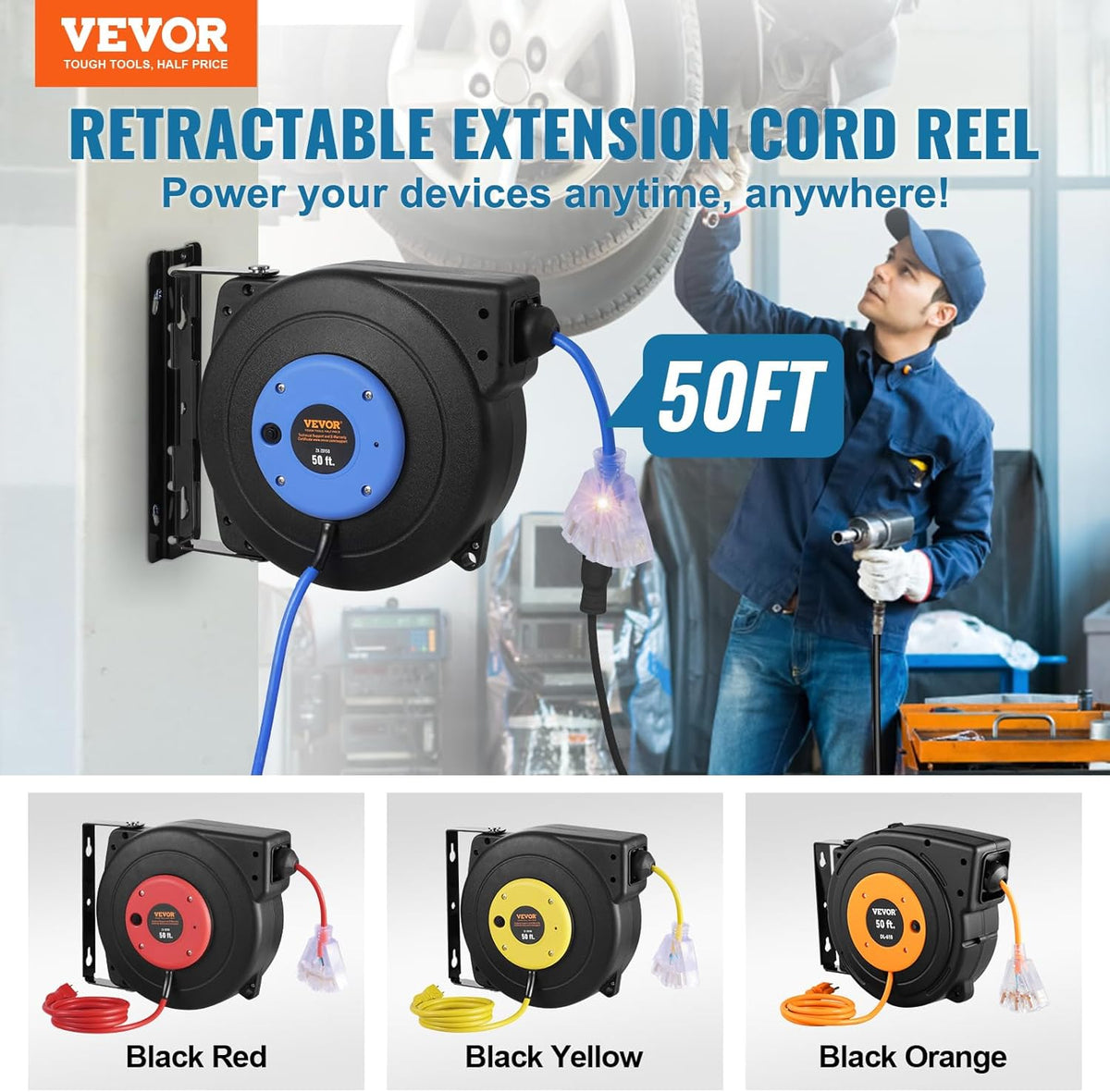 65FT Retractable Extension Cord Reel, Heavy Duty 12AWG/3C SJTOW Cord