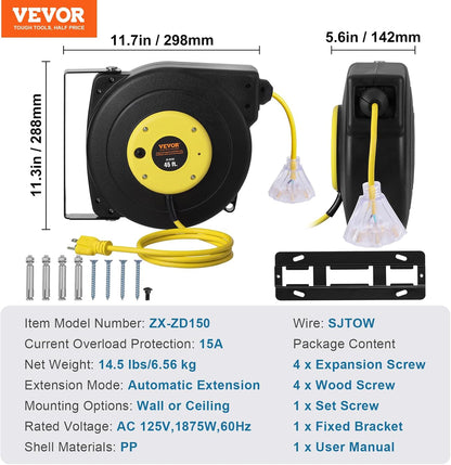 65FT Retractable Extension Cord Reel, Heavy Duty 12AWG/3C SJTOW Cord