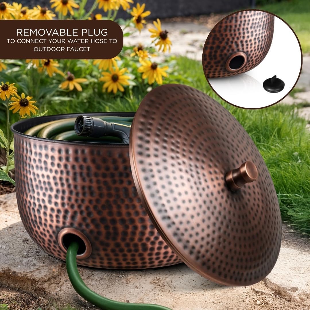 Monarch Abode Garden Hose Holder with Lid – Decorative Water Hose Holders for Outside, Hand Hammered Metal Matte Black Pot with Drainage, 100ft Waterhose Holder for Outside, Garden Storage Caddy