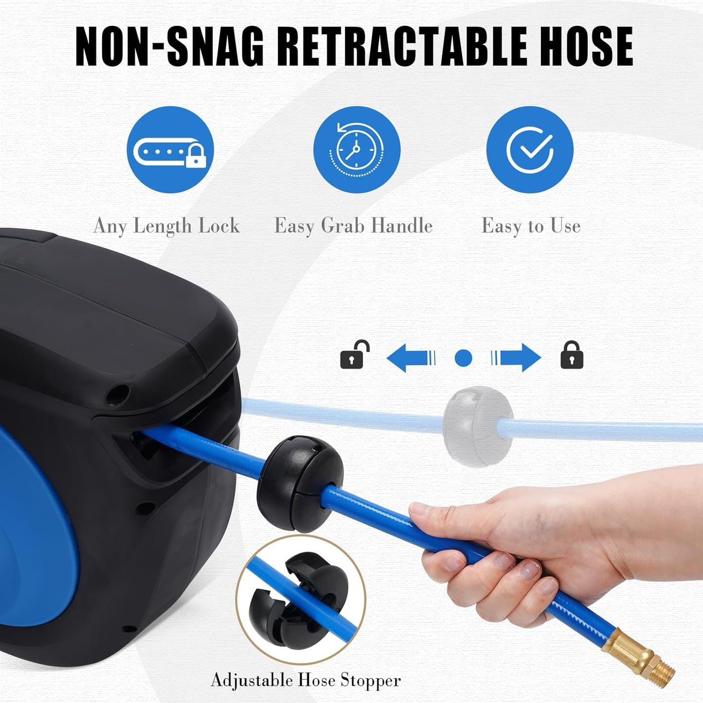 Air Hose Reel Retractable 3/8 in. x 50 ft Hybrid Polymer Hose, Retractable Auto-Rewind Enclosed Heavy Duty 180° Swivel Mount, Max 300PSI Commerical Polypropylene Grey