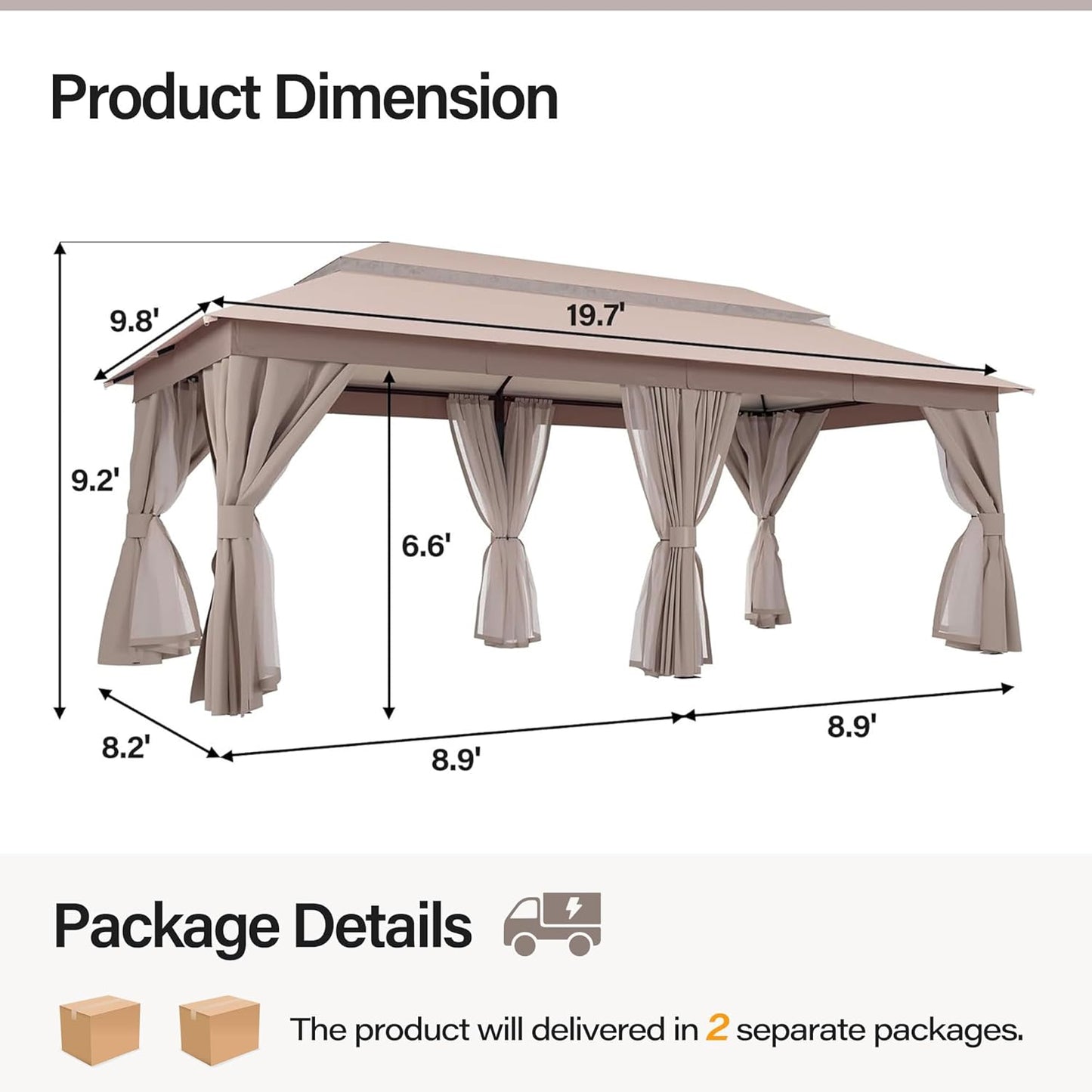 10x20 Gazebo Canopy with 100FT String Lights, Metal Heavy Duty Patio Canopy Tent with Double Roofs, Mosquito Nettings and Privacy Screens for Backyard, Garden, Lawn, Gray