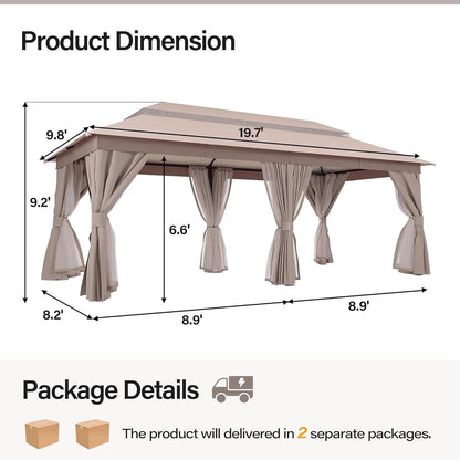 10x20 Gazebo Canopy with 100FT String Lights, Metal Heavy Duty Patio Canopy Tent with Double Roofs, Mosquito Nettings and Privacy Screens for Backyard, Garden, Lawn, Gray
