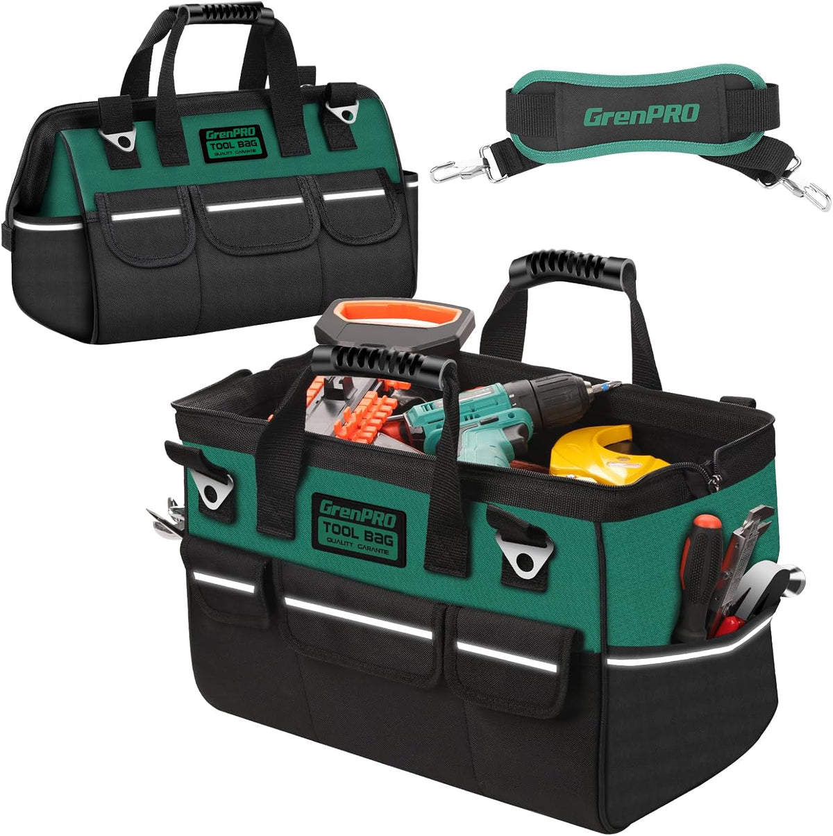 GrenPRO Garden Tool Bag Molded Bottom, Heavy Duty Tool Tote Toolbox with 10 Pockets, Reinforced & Top Snap Closure for Gardening Tools Storage, Dark Green(Tools Not Included)