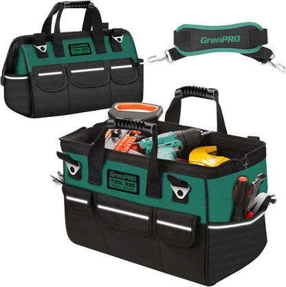 GrenPRO Garden Tool Bag Molded Bottom, Heavy Duty Tool Tote Toolbox with 10 Pockets, Reinforced & Top Snap Closure for Gardening Tools Storage, Dark Green(Tools Not Included)