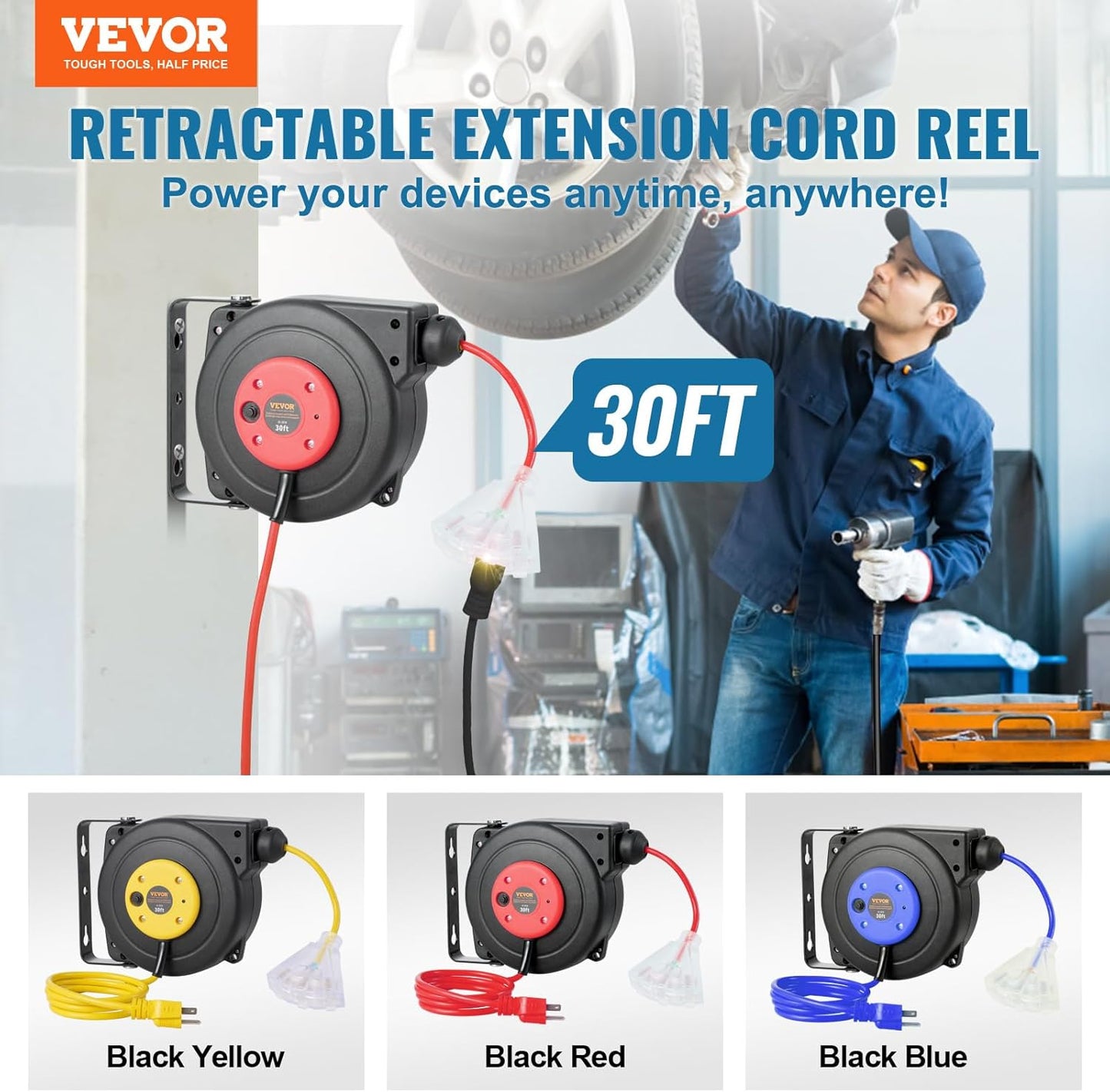 65FT Retractable Extension Cord Reel, Heavy Duty 12AWG/3C SJTOW Cord