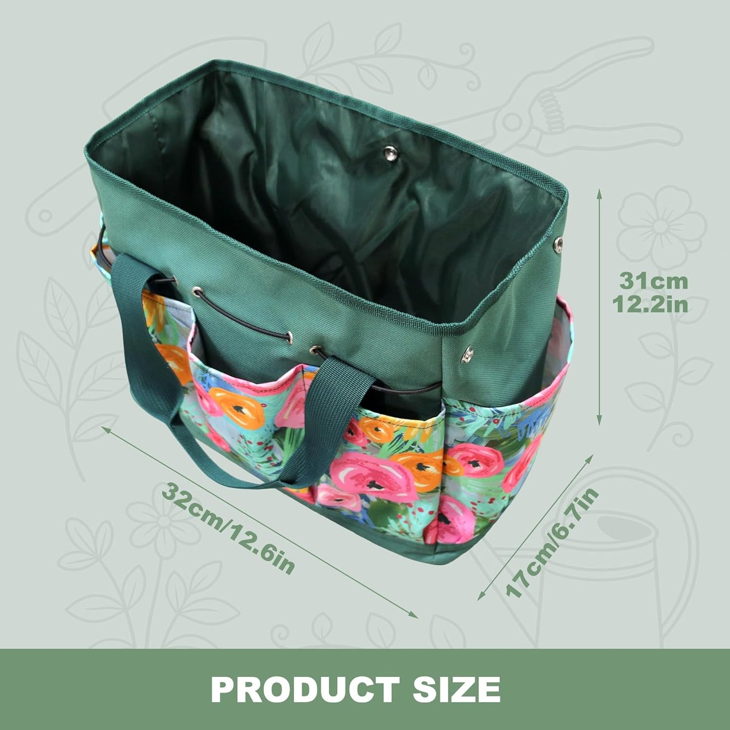 Waterproof Garden Tool Bag, 600D Oxford Portable Gardening Tote with Handle & Multi Pockets, Ideal Gifts for Parents Women (Green, Tools Not Included)
