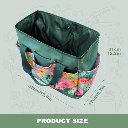 Waterproof Garden Tool Bag, 600D Oxford Portable Gardening Tote with Handle & Multi Pockets, Ideal Gifts for Parents Women (Green, Tools Not Included)