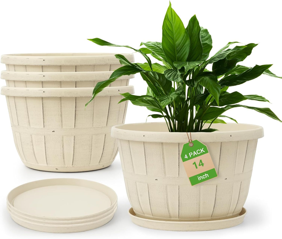 Quarut 14 Inch Plastic-Flower-Pot-for-Indoor-Plants, 4 Pack Large Outdoor Planter Pot with Drainage Holes & Saucers, Resin Decorative Garden Pots Planters（Brown）