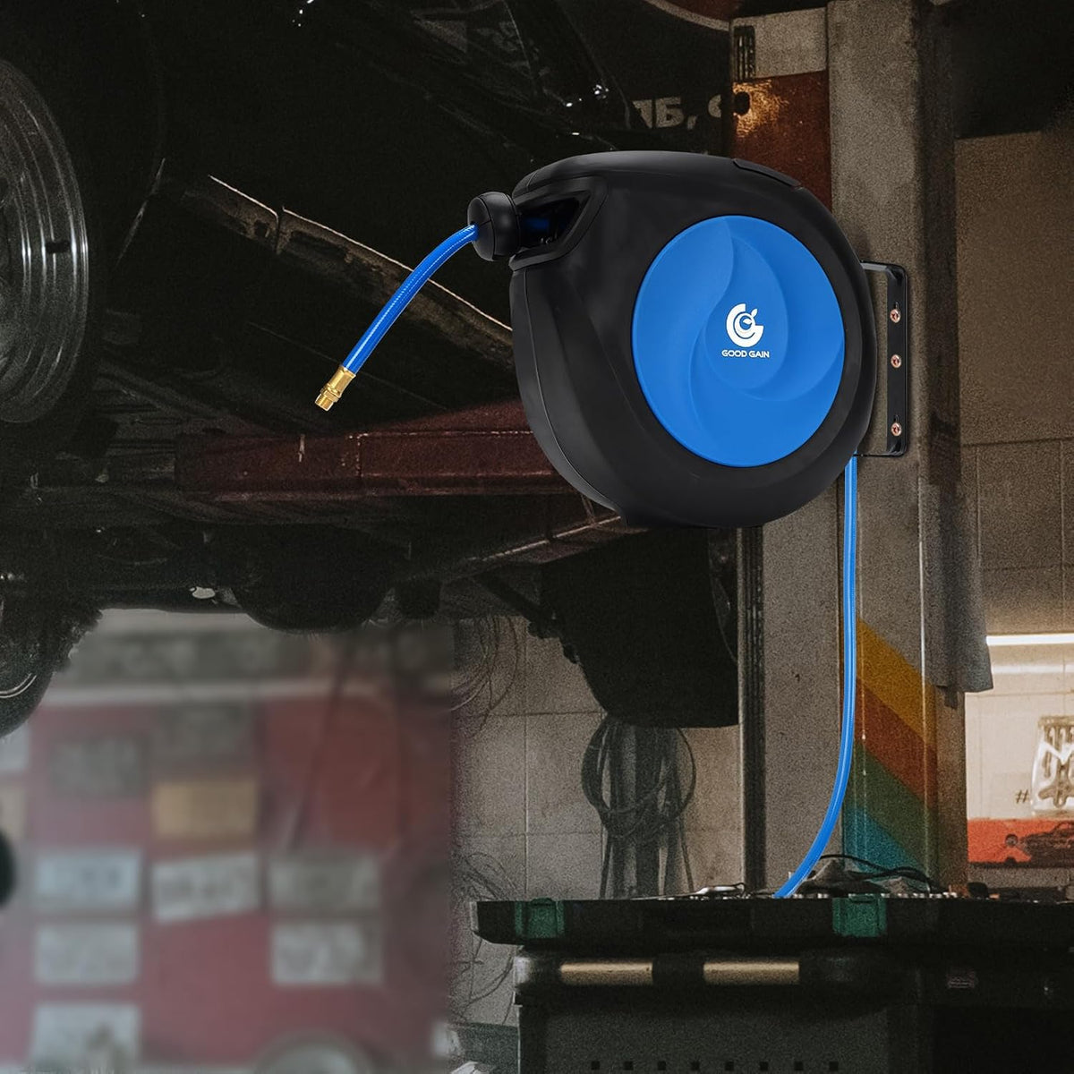 Air Hose Reel Retractable 3/8 in. x 50 ft Hybrid Polymer Hose, Retractable Auto-Rewind Enclosed Heavy Duty 180° Swivel Mount, Max 300PSI Commerical Polypropylene Grey