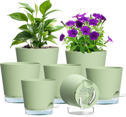 Meowell Self Watering Pots Pack of 6 – Different Size 4" to 7" Indoor Plant Pots with Drainage Holes and Clear Reservoir for Visible Water Level, Plastic Wicking Planters for House Plants, White