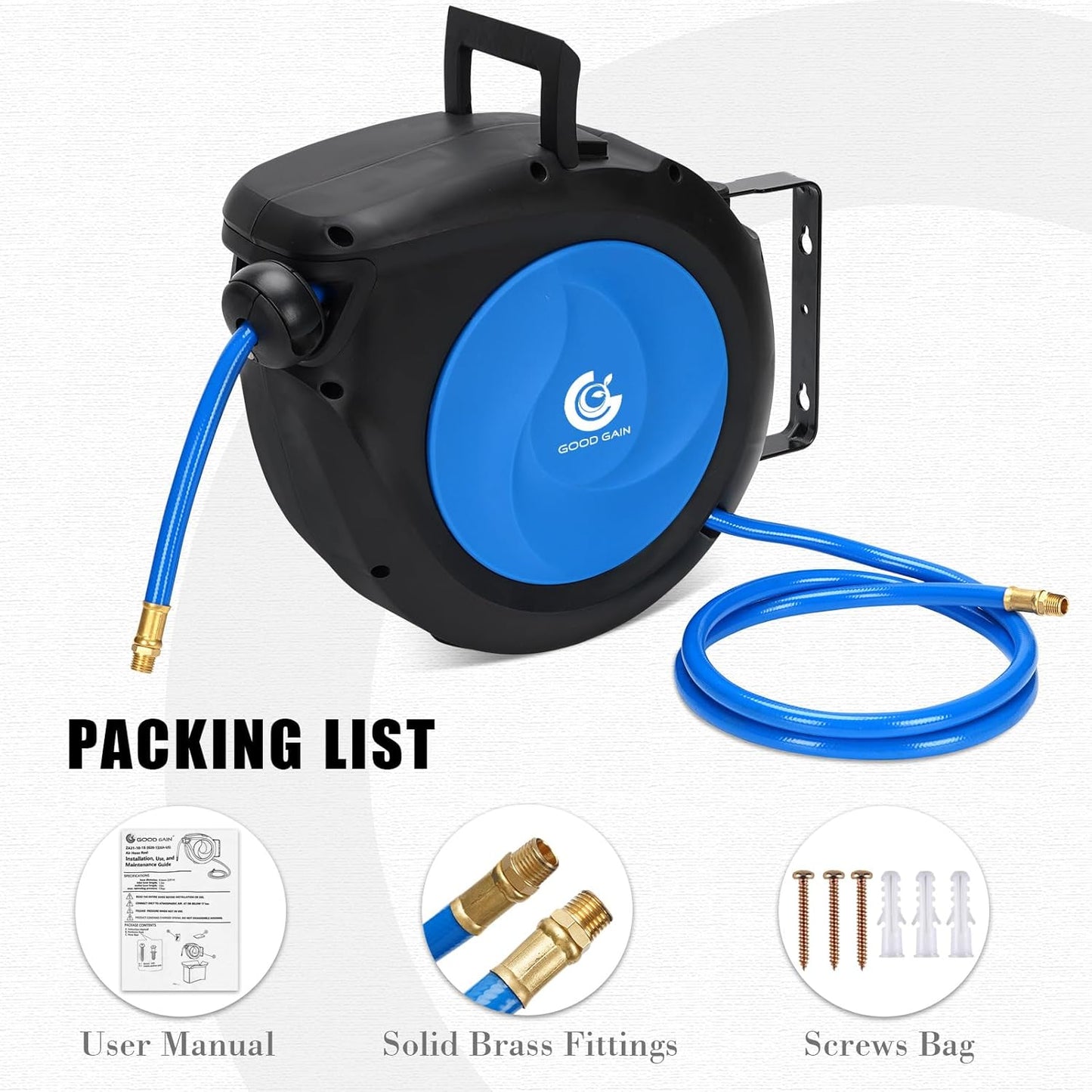 Air Hose Reel Retractable 3/8 in. x 50 ft Hybrid Polymer Hose, Retractable Auto-Rewind Enclosed Heavy Duty 180° Swivel Mount, Max 300PSI Commerical Polypropylene Grey