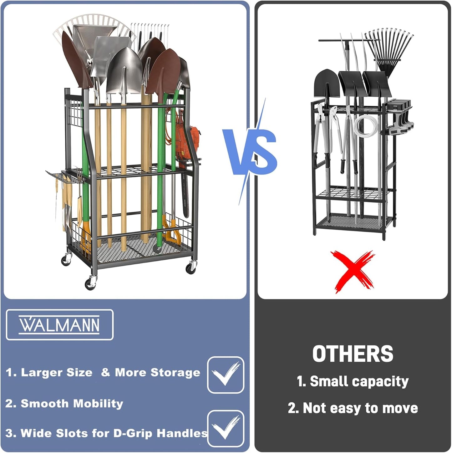 WALMANN Garden Tool Organizer with Wheels for Garage, Large Storage Capacity, Rakes/Shovels/Yard Tools Storage Stand for Shed, Garden, Indoor/Outdoor Long-Handled Tools Rolling Cart