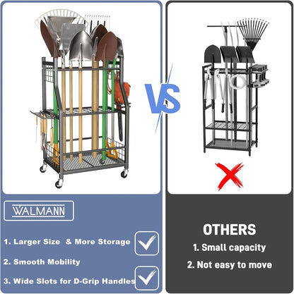 WALMANN Garden Tool Organizer with Wheels for Garage, Large Storage Capacity, Rakes/Shovels/Yard Tools Storage Stand for Shed, Garden, Indoor/Outdoor Long-Handled Tools Rolling Cart