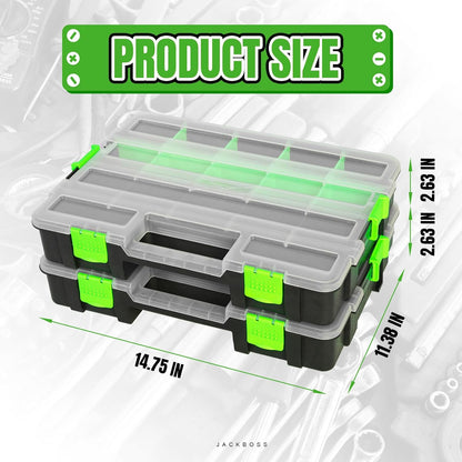 Jack Boss Tool Box with Transparent Lid, Double Side 34-Compartments Organizer Box with Removable Dividers for Hardware, Screws, Bolts, Nails, Beads, Jewelry and Fishing Accessories, Orange, 2 Pack