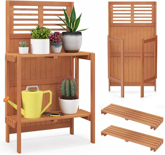 Giantex Folding Potting Bench, 2-Tier Gardening Workstation w/Storage Shelves, Wood Outdoor Potting Table for Garden, Yard, Balcony, Easy Assembly, Natural
