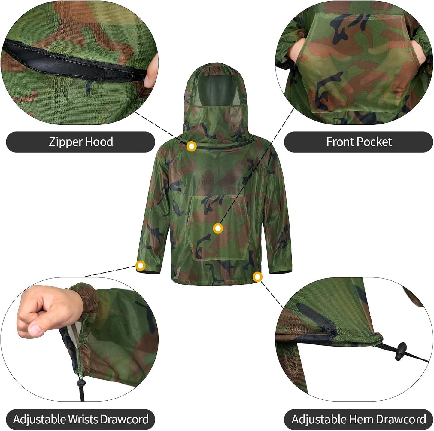 Mosquito Netting Suit Bug Net Mesh Clothing with Hood Outdoor Garden Hunting Camo Protection from Fly Insects Bugs