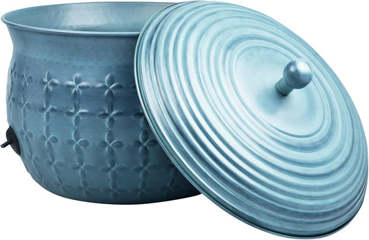 LifeSmart Garden Hose Storage Holder Pot with LId Antique Light Green Lattice Steel | Expandable Water Hose Container 17 x 11.5” Hold up to 125 ft Outdoor or Indoor Use