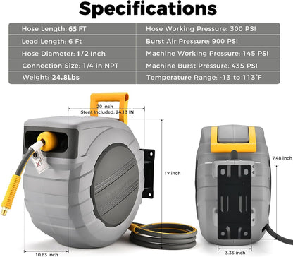 GLAHODEN Retractable Air Hose Reel, 3/8 in x 100 Ft Hybrid Hose Air Compressor Hose Reel with 6 Ft Lead in Max 300 PSI Patented Design for Any Length Lock 180°Swivel Bracket Quick Coupler