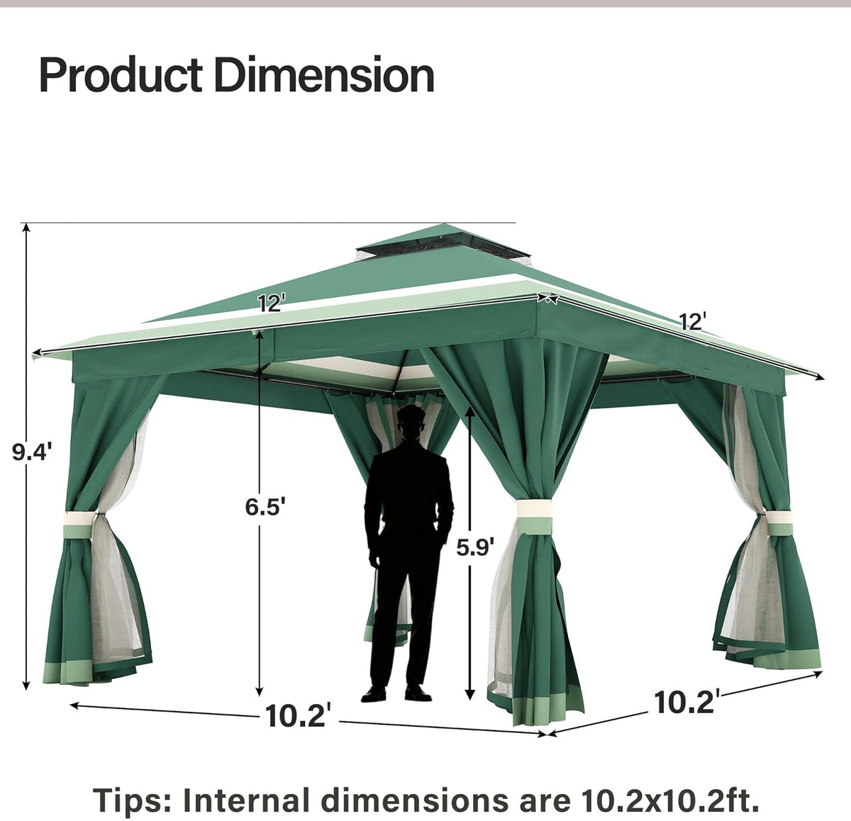 10x20 Gazebo Canopy with 100FT String Lights, Metal Heavy Duty Patio Canopy Tent with Double Roofs, Mosquito Nettings and Privacy Screens for Backyard, Garden, Lawn, Gray