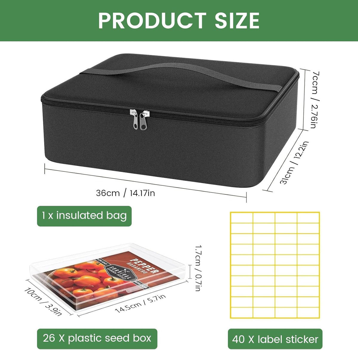 26 Slots Seed Storage Organizer Box with Insulated Bag That Holds 80-200 Seed Envelopes, Oxford Cloth Garden Seed Containers with Labels, Seed Packet Organizer for Plant, Flower ,Vegetable Seeds