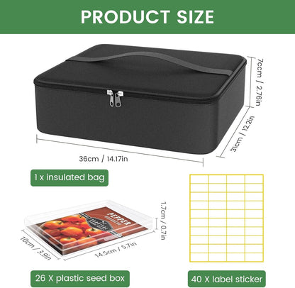 26 Slots Seed Storage Organizer Box with Insulated Bag That Holds 80-200 Seed Envelopes, Oxford Cloth Garden Seed Containers with Labels, Seed Packet Organizer for Plant, Flower ,Vegetable Seeds