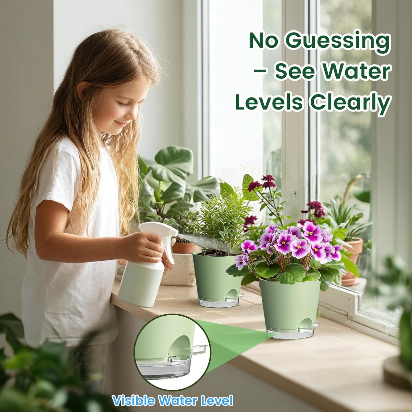 Meowell Self Watering Pots Pack of 6 – Different Size 4" to 7" Indoor Plant Pots with Drainage Holes and Clear Reservoir for Visible Water Level, Plastic Wicking Planters for House Plants, White