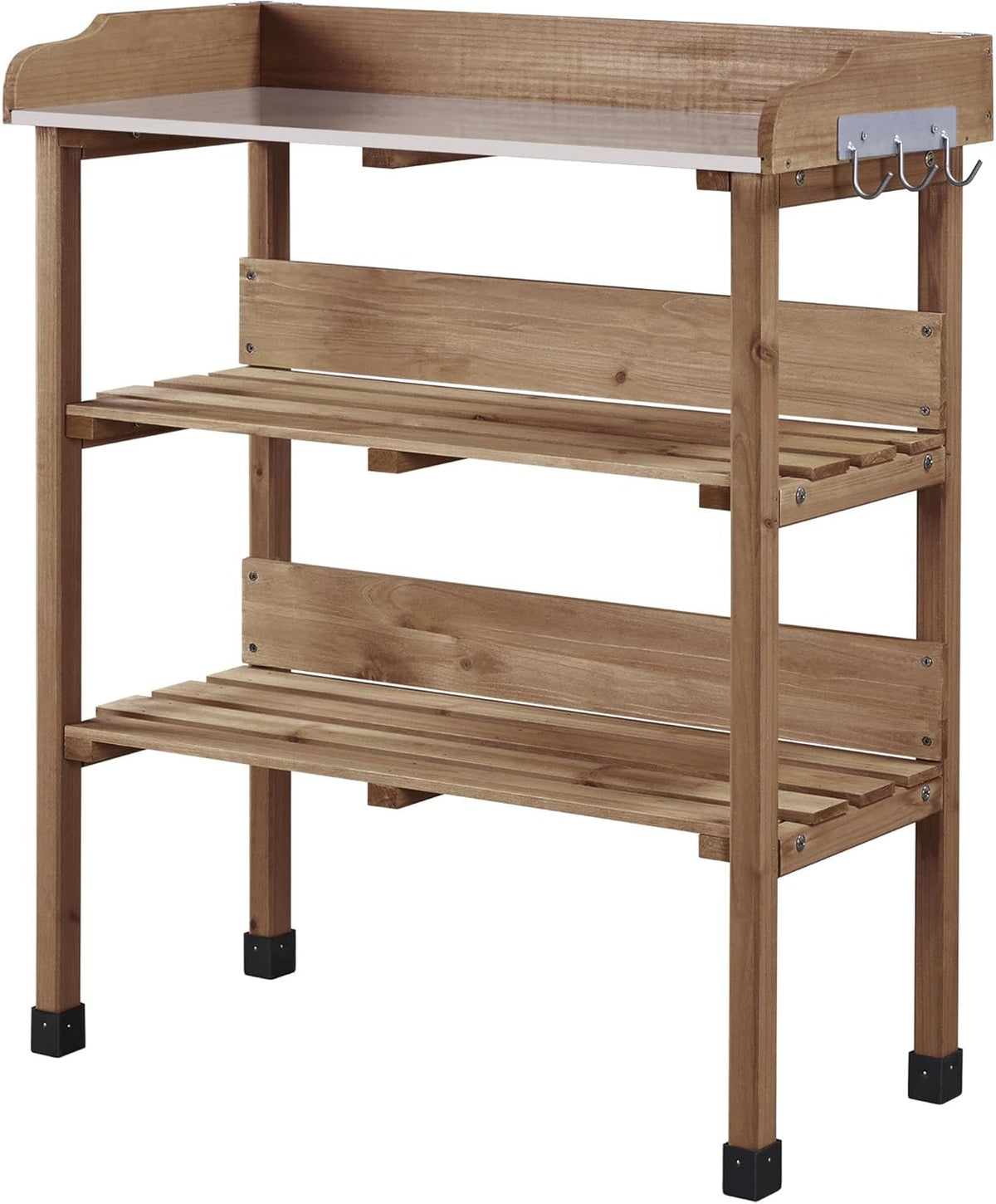Topeakmart Potting Bench Table w/Metal Tabletop for Garden, Fir Wood Workstation w/3 Tier Shelves, Outdoor Work Bench w/Hook Natural Wood