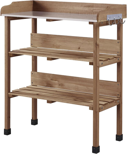 Topeakmart Potting Bench Table w/Metal Tabletop for Garden, Fir Wood Workstation w/3 Tier Shelves, Outdoor Work Bench w/Hook Natural Wood