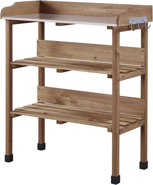 Topeakmart Potting Bench Table w/Metal Tabletop for Garden, Fir Wood Workstation w/3 Tier Shelves, Outdoor Work Bench w/Hook Natural Wood