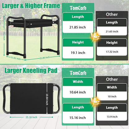 TomCare Garden Kneeler and Seat 10.64” Wider Larger Soft Kneeling Pad Garden Bench with 2 Large Tool Pouches Heavy Duty Garden Stool Foldable Tools Gardening Gifts for Women Men Gardeners