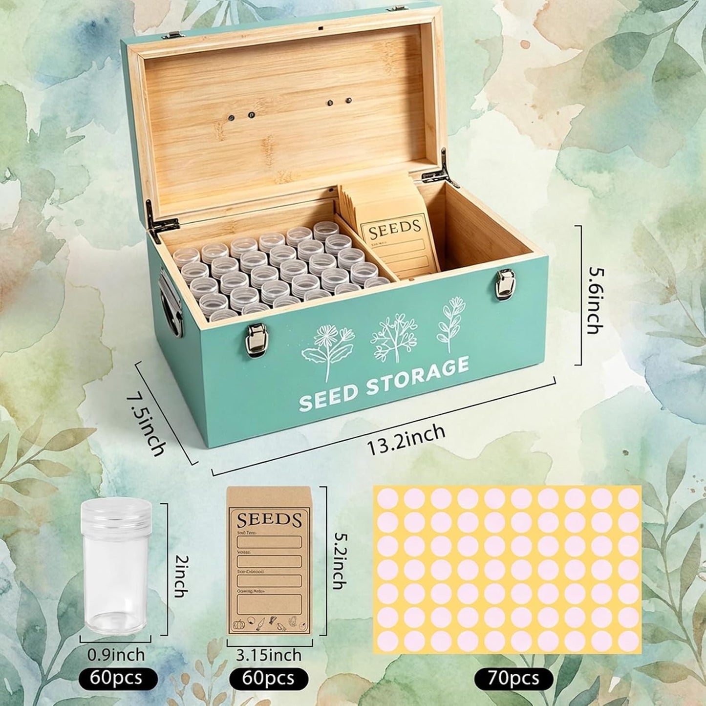 60 Slots Seed Storage Organizer, Metal Seed Saving Box with Lid and Safety Locks, Seeds Storage Container with 60 Seeds Envelopes and 64 Label, 3 Compartments, Perfect for Flower Plants Garden