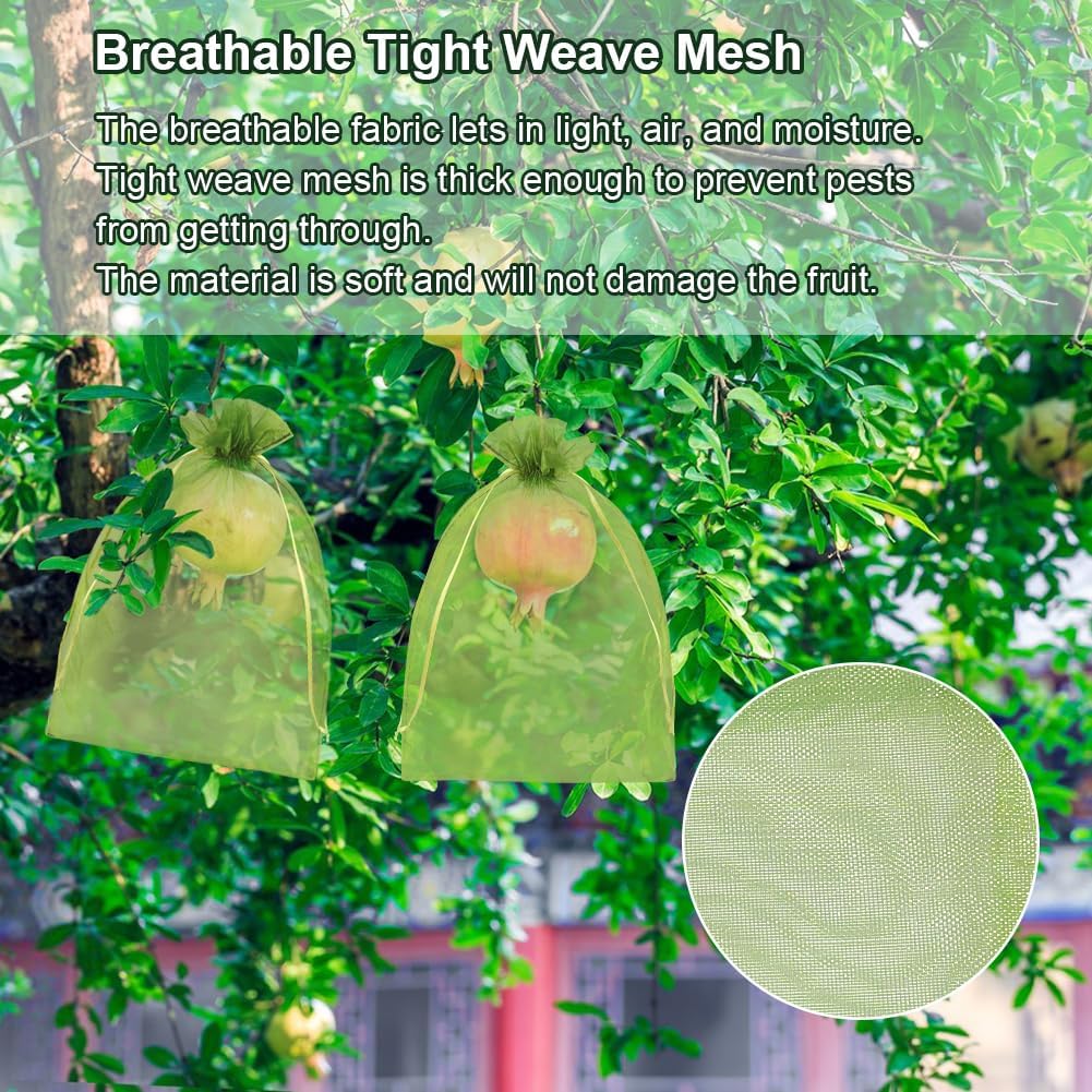 Shintop 100Pcs Fruit Protection Bags, 6x9 Inch Green Fruit Tree Netting Cover Drawstring Mesh Tomato Bags Pest Barrier for Apples Mango