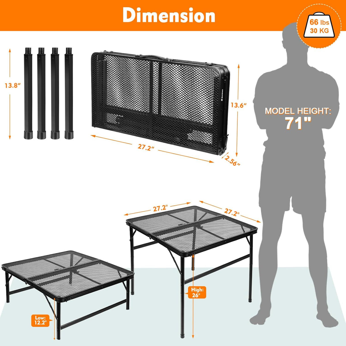 2Ft Small Folding Table with Carry Handle, Camping Table Adjustable Height 10.6–22 in, Black Metal Mesh, Portable & Compact for Outdoor/Indoor,Grill Table, 23.6×15.8 in, 4 lb, 66 lb Capacity
