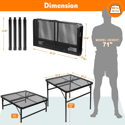 2Ft Small Folding Table with Carry Handle, Camping Table Adjustable Height 10.6–22 in, Black Metal Mesh, Portable & Compact for Outdoor/Indoor,Grill Table, 23.6×15.8 in, 4 lb, 66 lb Capacity