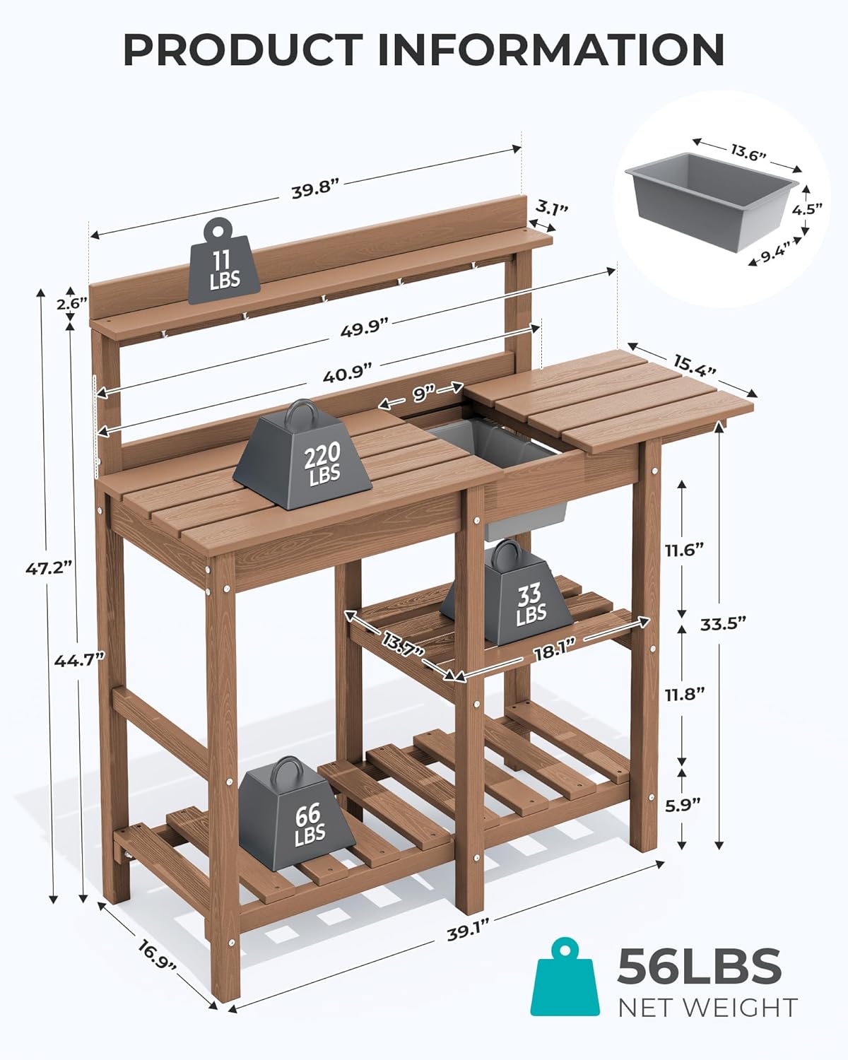 SERWALL Outdoor Potting Bench with Removeable Sink,Rot-Resistant HDPE Potting Table for Outside Gardening, All Weather Use - Gray