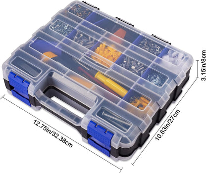 Small Parts Storage Case Tools Box Organizer Double Side 34 Compartments Hardware Organizers with Removable Plastic Dividers for Screws Nuts Nails Bolts