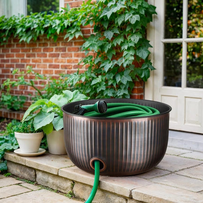 Monarch Abode Garden Hose Holder with Lid – Decorative Water Hose Holders for Outside, Ridge Embossed Metal Matte Black Pot with Drainage, 100ft Waterhose Holder for Outside, Garden Storage Caddy