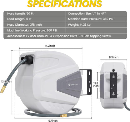 Air Hose Reel Retractable 3/8 in. x 50 ft Hybrid Polymer Hose, Retractable Auto-Rewind Enclosed Heavy Duty 180° Swivel Mount, Max 300PSI Commerical Polypropylene Grey
