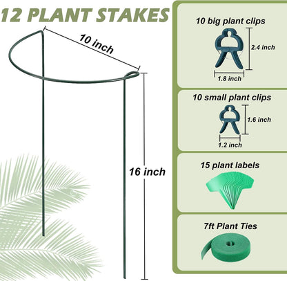 12 Pack Plant Support Stake Peony Cages, 16 Inch Peony Supports for Outdoor Plants, with 15 Pcs Plant Labels, 20 Pcs Plant Clips, 7ft Plant Ties