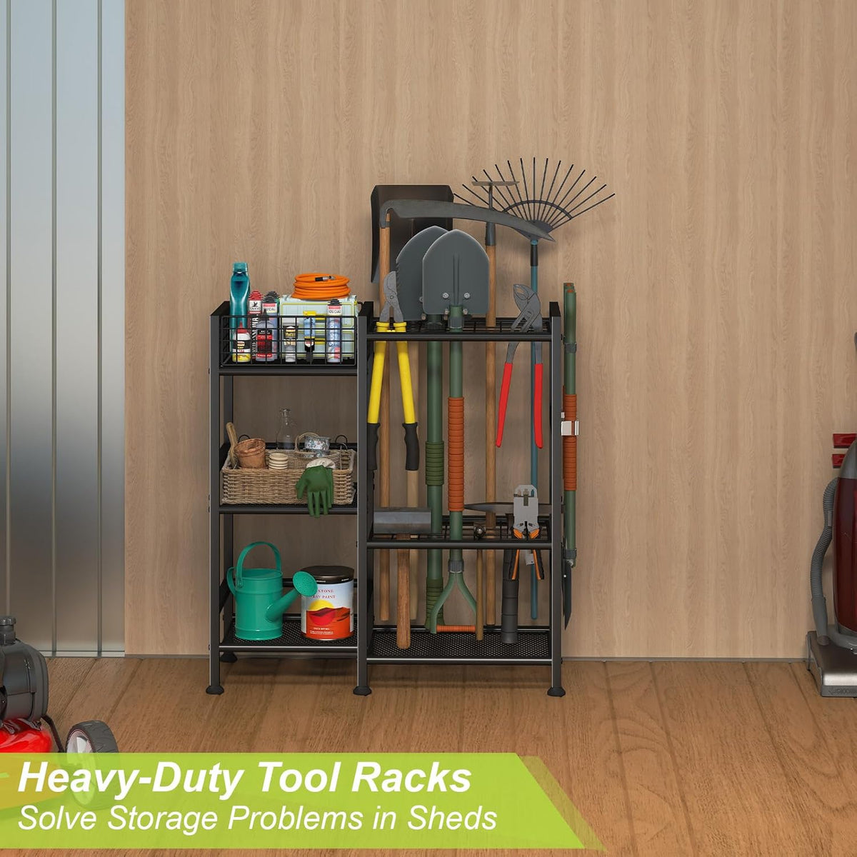 keomaisyto Garden Tool Organizer, Heavy Duty Yard Tool Tower Rack for Garage Organization and Storage, 3 Tier Utility Garden Tool Rack with hooks for Garden/Shed/Garage/Yard/Basement/Lawn