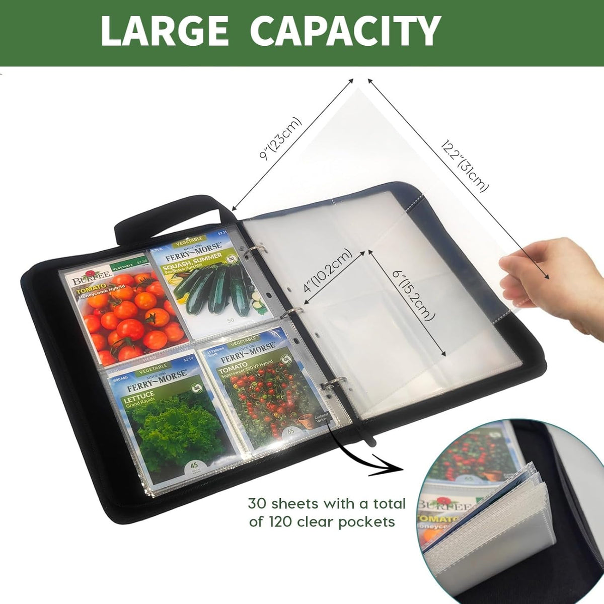 Zippered Seed Storage Organizer Binder with Handle, Waterproof & Insect-Proof Gardening Seed Book, 4 * 6 Inch Pocket Fits Most Seed Packets and Hold 120+ Seed Envelope