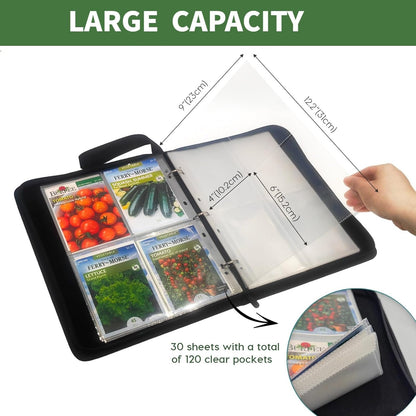 Zippered Seed Storage Organizer Binder with Handle, Waterproof & Insect-Proof Gardening Seed Book, 4 * 6 Inch Pocket Fits Most Seed Packets and Hold 120+ Seed Envelope