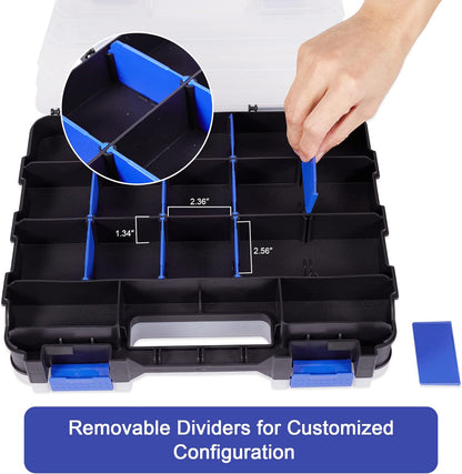 Small Parts Storage Case Tools Box Organizer Double Side 34 Compartments Hardware Organizers with Removable Plastic Dividers for Screws Nuts Nails Bolts
