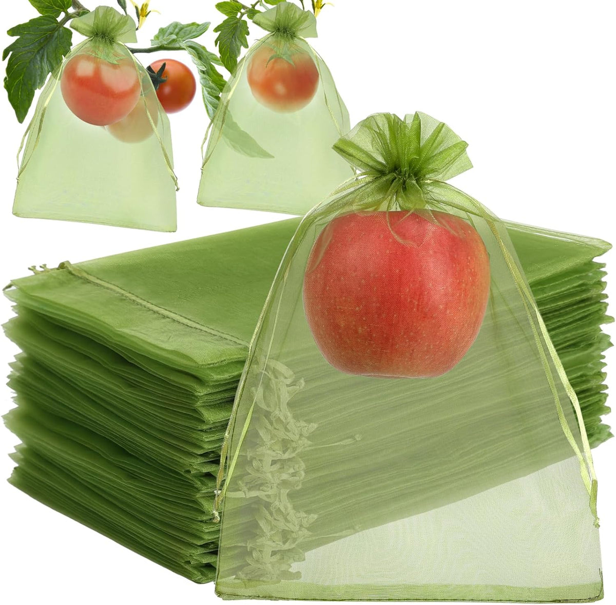Shintop 100Pcs Fruit Protection Bags, 4x6 Inch Green Strawberry Netting Cover Drawstring Mesh Bags Pest Barrier for Blueberry Small Fruit