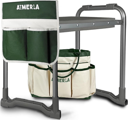 Aimerla Foldable Garden Kneeler Seat Heavy Duty [Upgraded Widened Thick Kneeling Pad] Gardening Stool with Large Tool Bags with Pockets - Portable Garden Bench Gardening Gifts for Parents